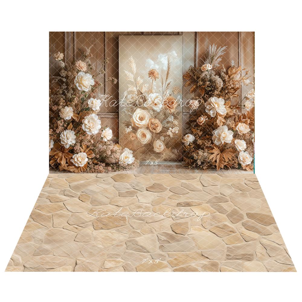 Kate Automne Bohème Fleurs Beige Toile de fond+Beige Texture de pierre Sol Toile de fond