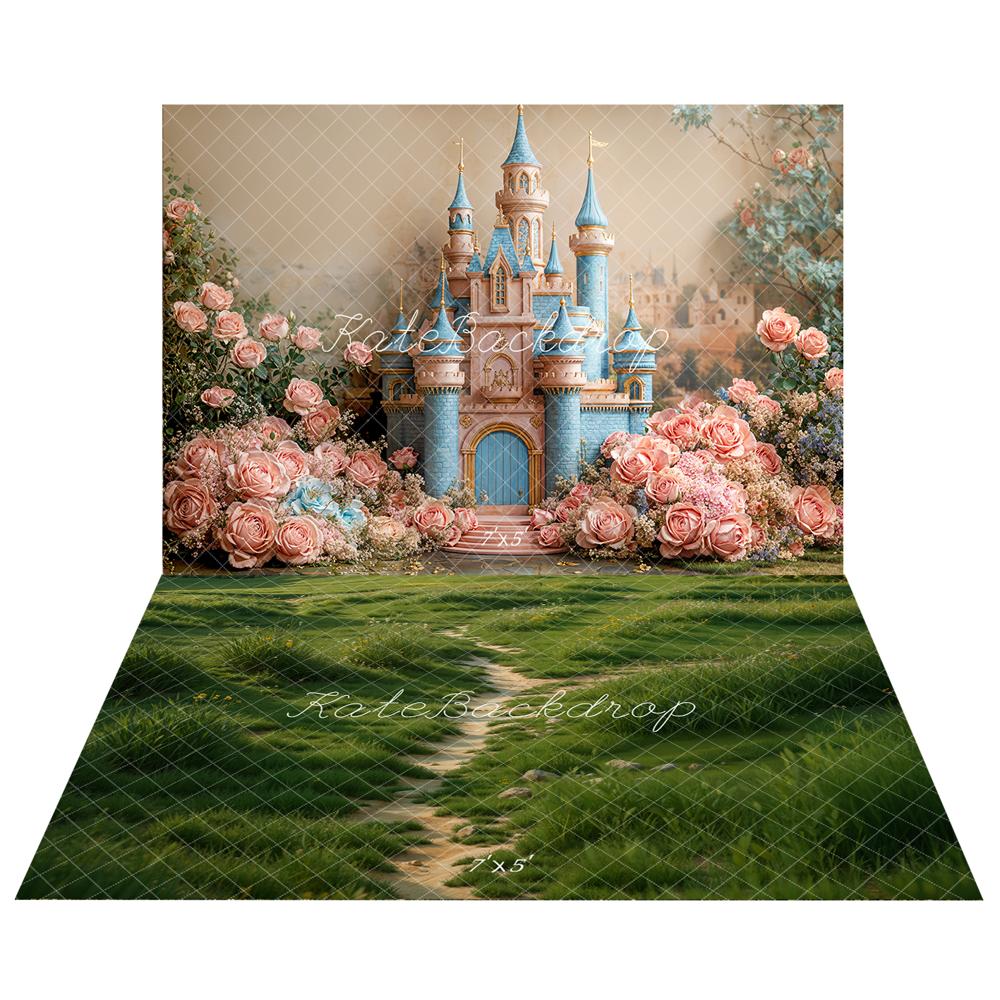 Kate Princesse Château de rêve Fleurs Toile de fond+Printemps Herbe Allée Sol Toile de fond - Kate Backdrop FR