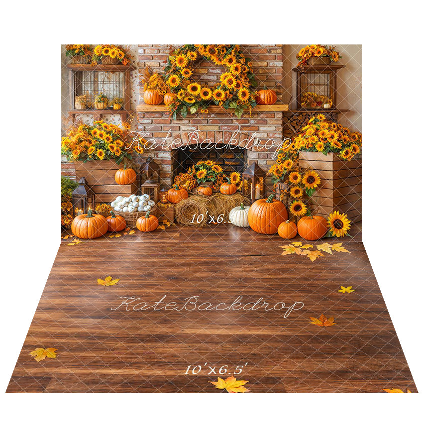 Kate Automne Tournesol Cheminée Citrouille Toile de fond+Feuilles Parquet Sol Toile de fond - Kate Backdrop FR