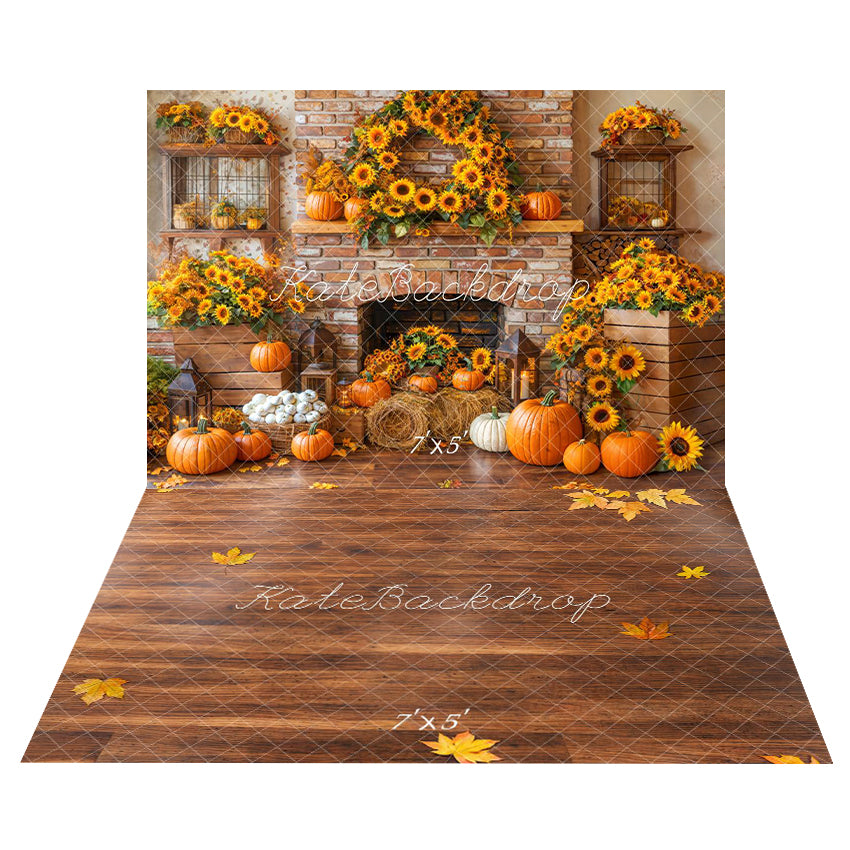 Kate Automne Tournesol Cheminée Citrouille Toile de fond+Feuilles Parquet Sol Toile de fond - Kate Backdrop FR