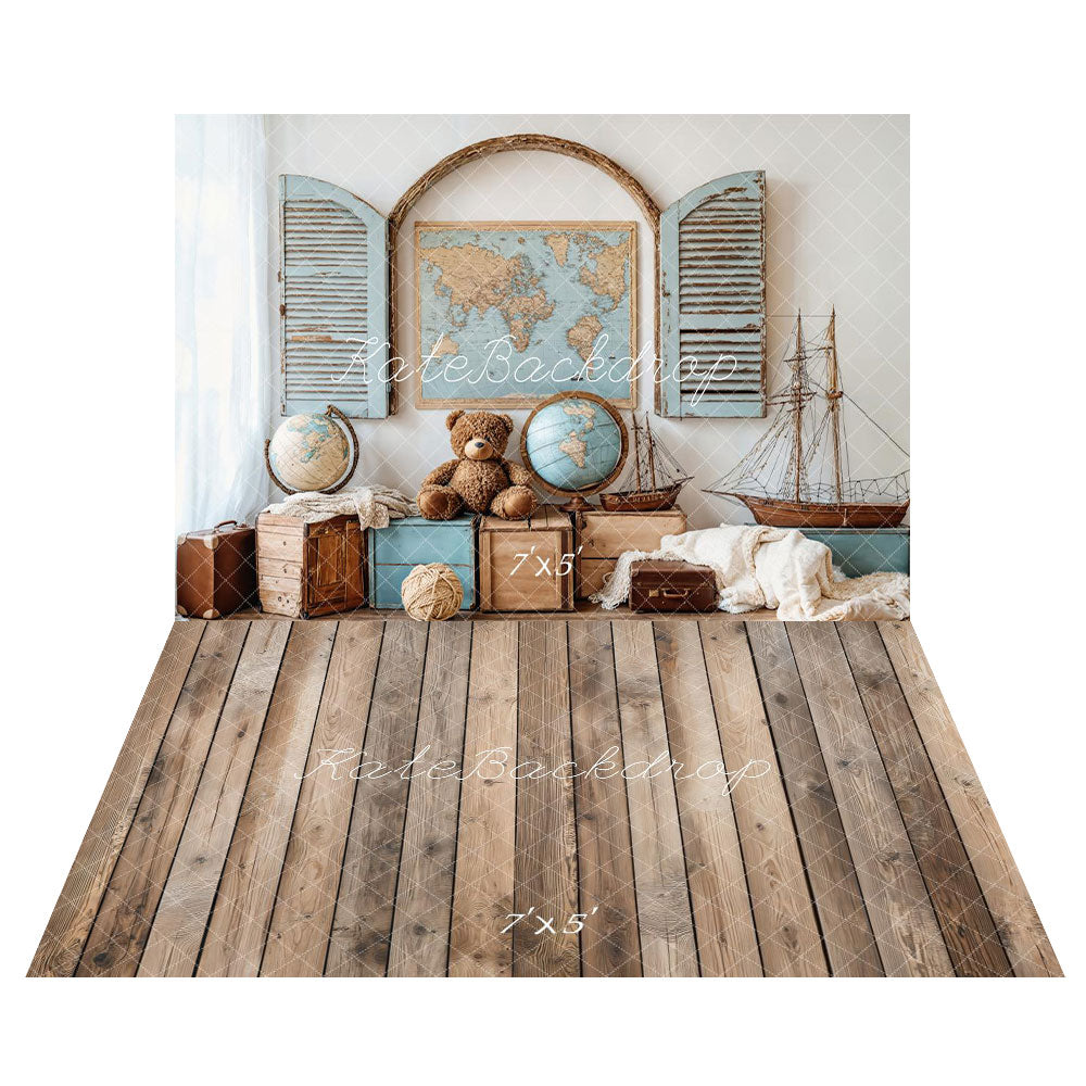 Kate Voyage Carte Globe Nautique Nounours Toile de fond+Parquet Bois Brun Sol Toile de fond - Kate Backdrop FR
