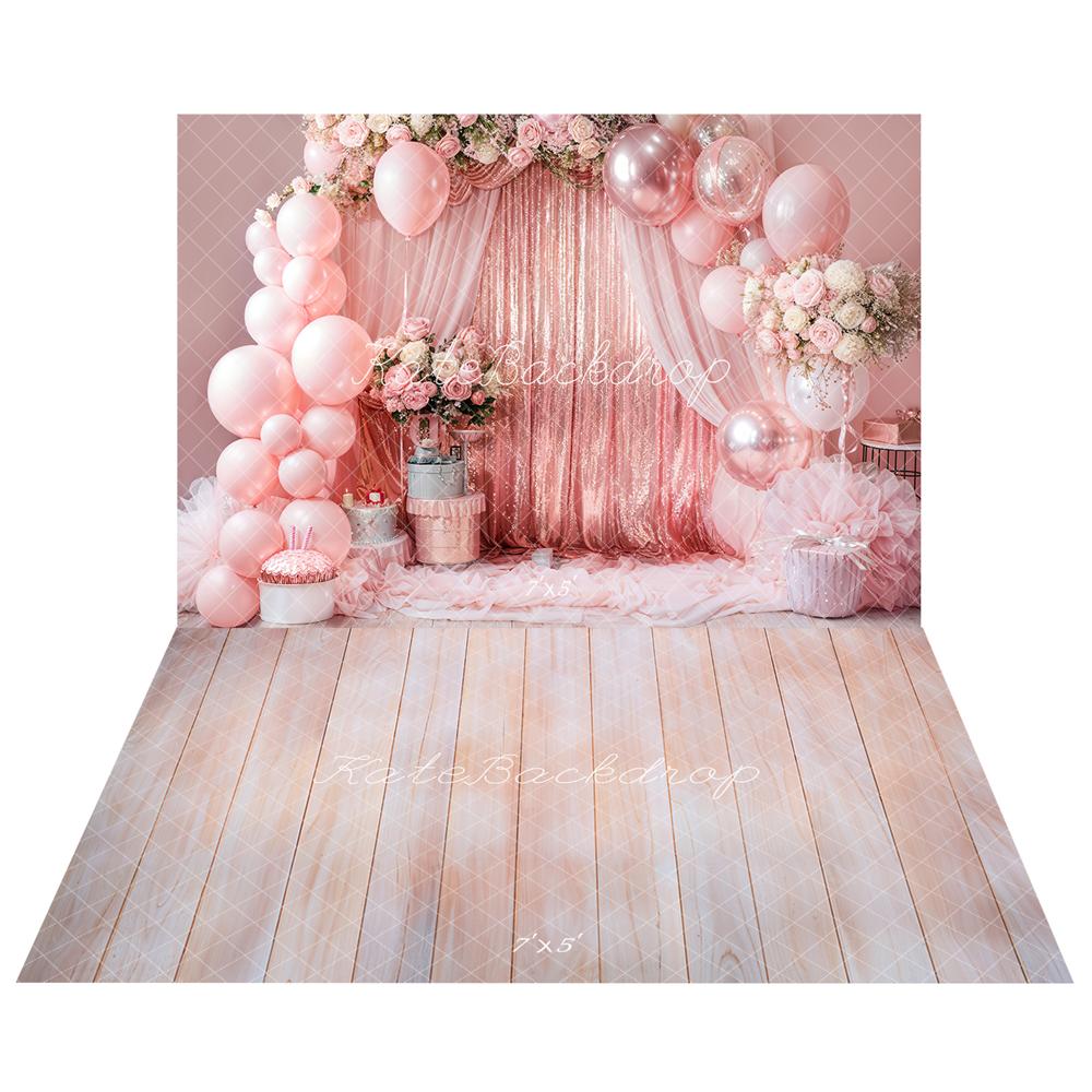 Kate Fleur Rideaux Ballon Rose Gâteau Toile de fond+Bois Rose clair Sol Toile de fond