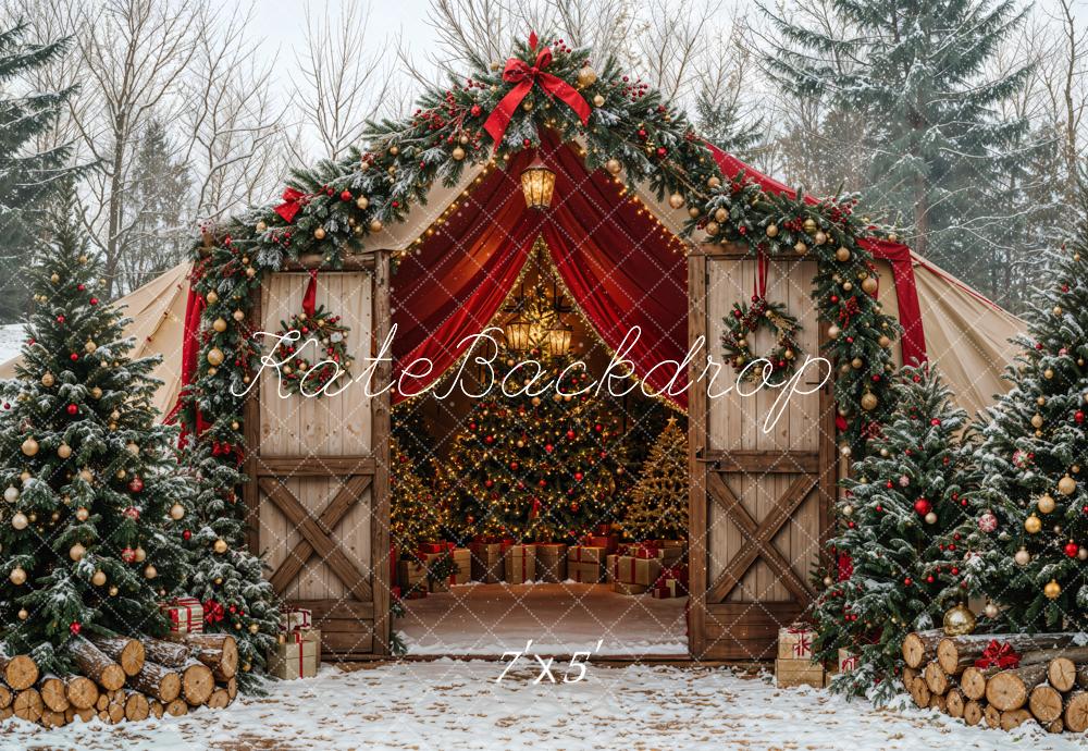 Kate Sapin de Noël Grange Neige Forêt Toile de fond conçue par Emetselch - Kate Backdrop FR