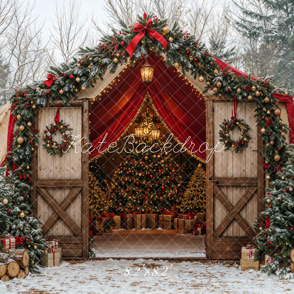 Kate Sapin de Noël Grange Neige Forêt Toile de fond conçue par Emetselch - Kate Backdrop FR