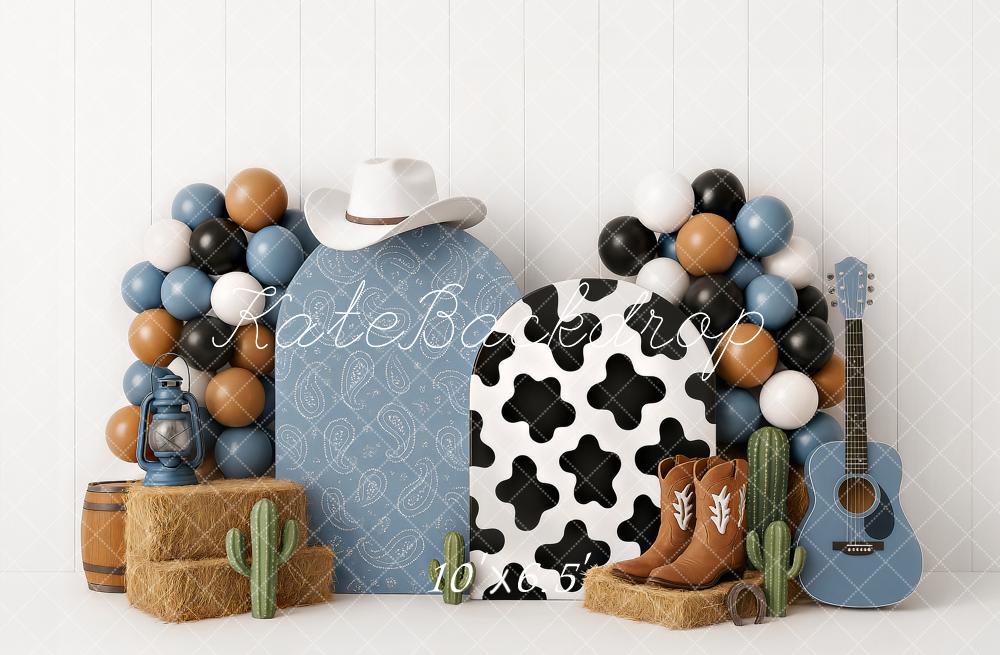 Kate Anniversaire Cow-boy Bottes Ballons Bleu Toile de fond conçu par Ashley Paul - Kate Backdrop FR