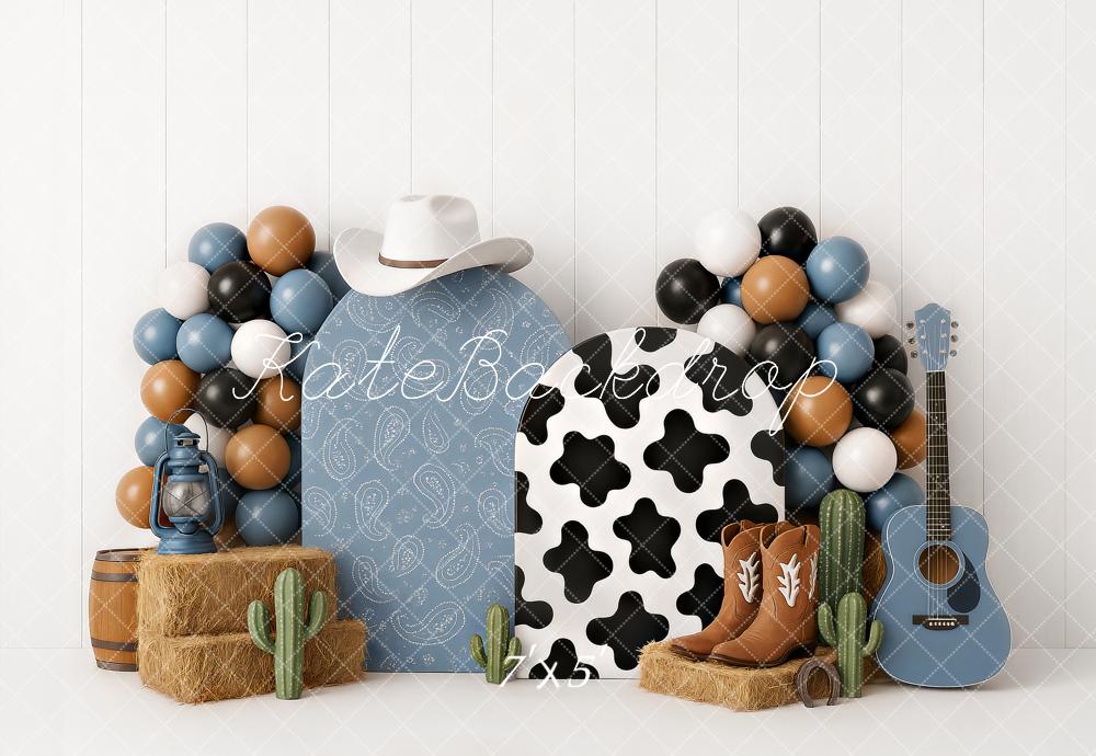 Kate Anniversaire Cow-boy Bottes Ballons Bleu Toile de fond conçu par Ashley Paul - Kate Backdrop FR