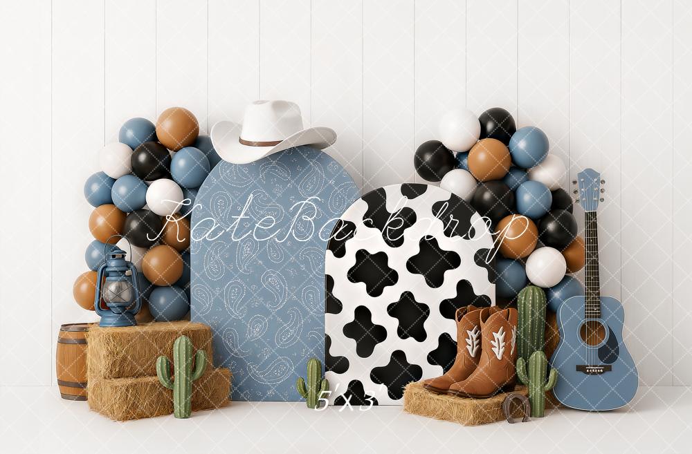 Kate Anniversaire Cow-boy Bottes Ballons Bleu Toile de fond conçu par Ashley Paul - Kate Backdrop FR