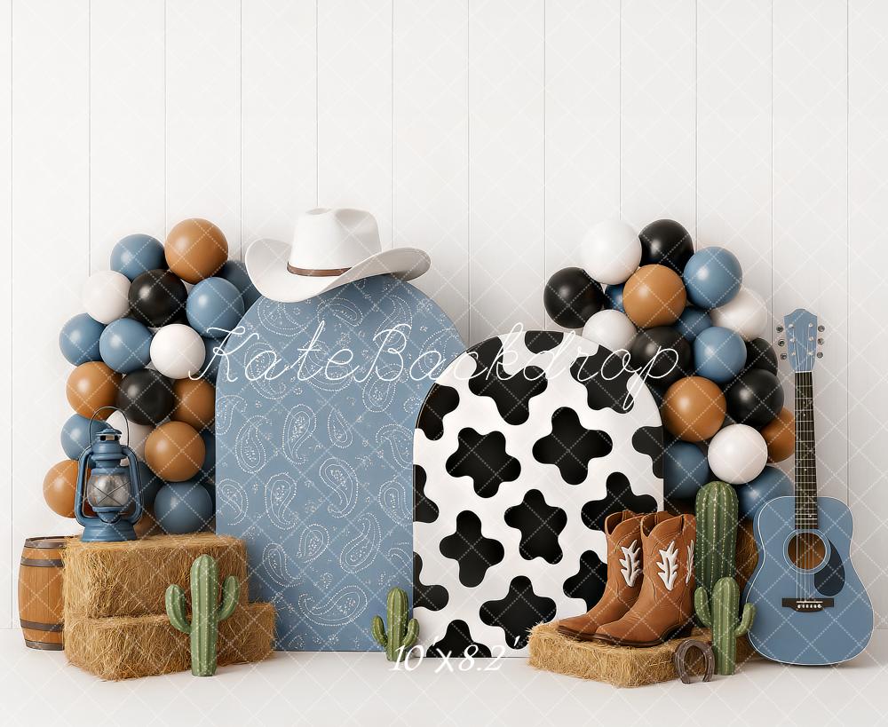 Kate Anniversaire Cow-boy Bottes Ballons Bleu Toile de fond conçu par Ashley Paul - Kate Backdrop FR