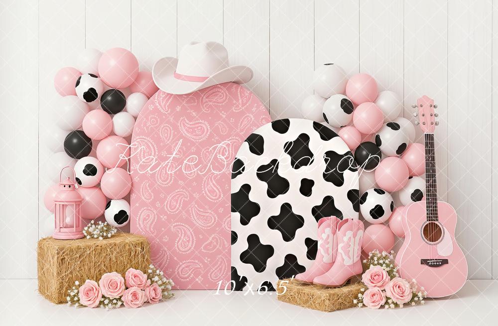 Kate Anniversaire Cow-boy Fleur Ballons Rose Toile de fond conçu par Ashley Paul - Kate Backdrop FR