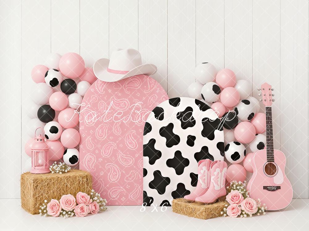 Kate Anniversaire Cow-boy Fleur Ballons Rose Toile de fond conçu par Ashley Paul - Kate Backdrop FR