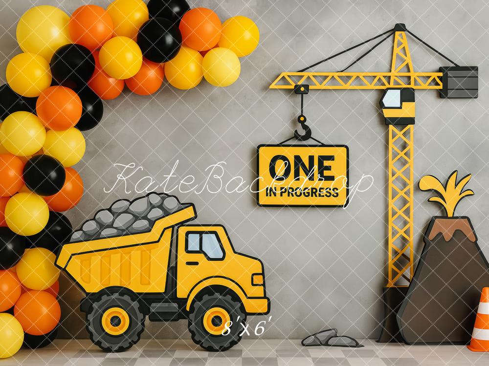 Kate 1er anniversaire Construction Camion Grue Toile de fond conçue par Patty Roberts - Kate Backdrop FR