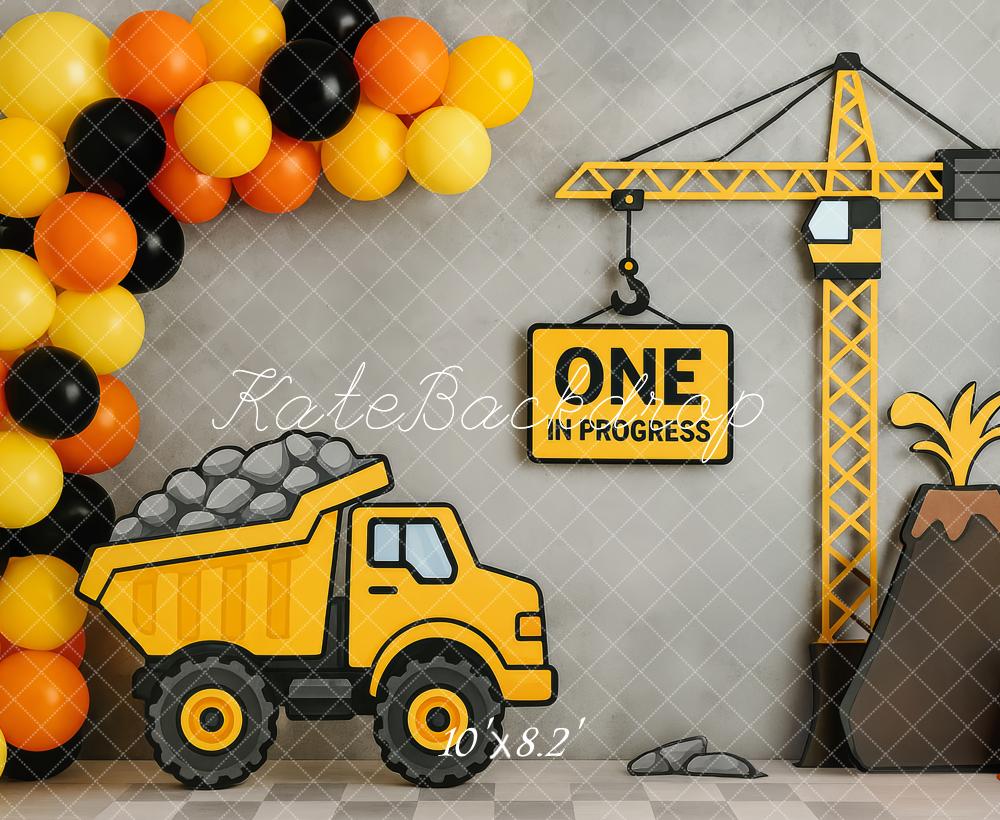Kate 1er anniversaire Construction Camion Grue Toile de fond conçue par Patty Roberts - Kate Backdrop FR