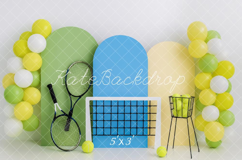 Kate Anniversaire Tennis Ballons Sport Toile de fond conçue par Patty Roberts - Kate Backdrop FR