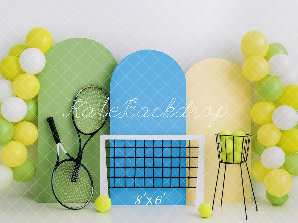 Kate Anniversaire Tennis Ballons Sport Toile de fond conçue par Patty Roberts - Kate Backdrop FR