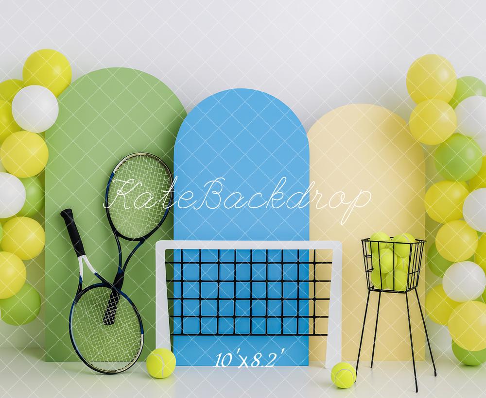 Kate Anniversaire Tennis Ballons Sport Toile de fond conçue par Patty Roberts - Kate Backdrop FR