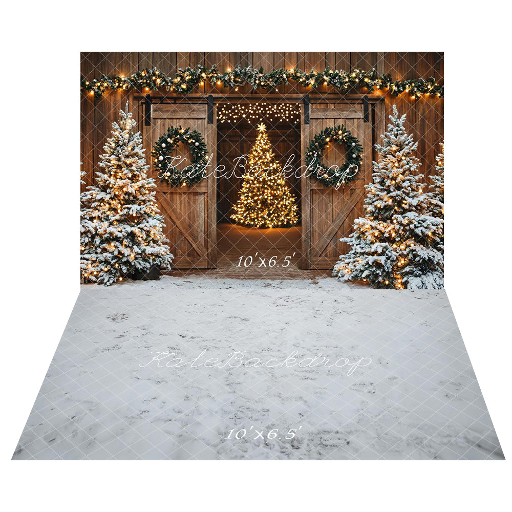 Kate Sapin de Noël Grange Porte Lumières Toile de fond+Hiver Neige Sol Toile de fond - Kate Backdrop FR