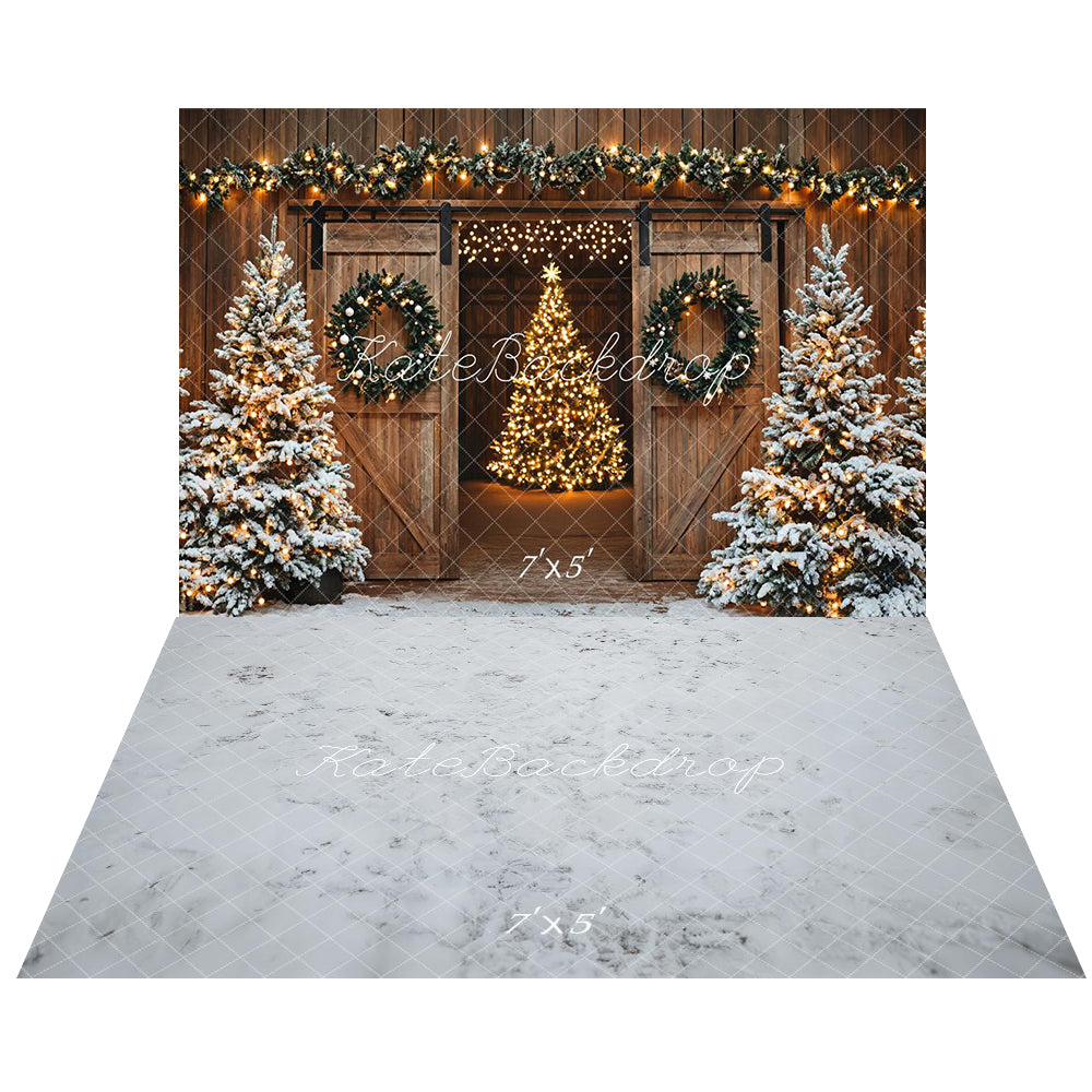 Kate Sapin de Noël Grange Porte Lumières Toile de fond+Hiver Neige Sol Toile de fond - Kate Backdrop FR