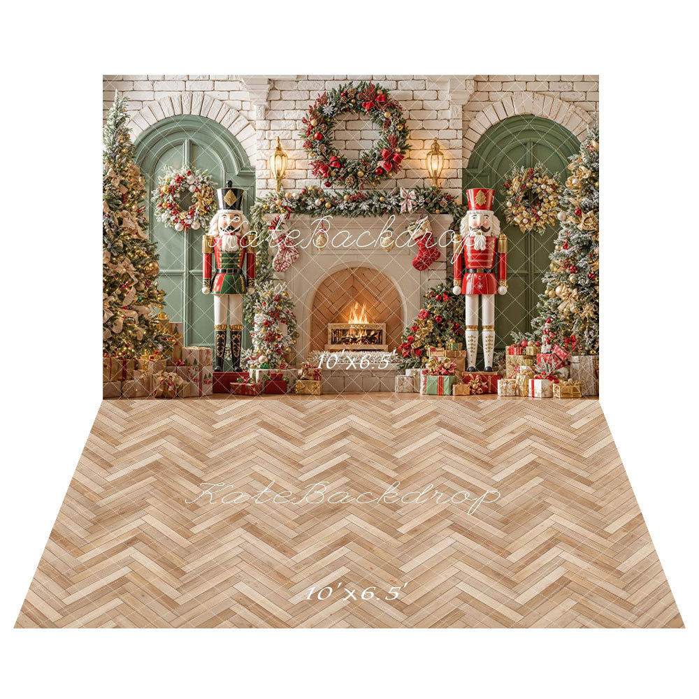 Kate Noël Casse-Noisette Cheminée Rétro Toile de fond+Parquet à chevrons Sol Toile de fond - Kate Backdrop FR