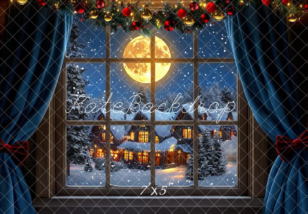 Kate Noël Clair de lune Neige Fenêtre Village Toile de fond conçue par Mini MakeBelieve - Kate Backdrop FR
