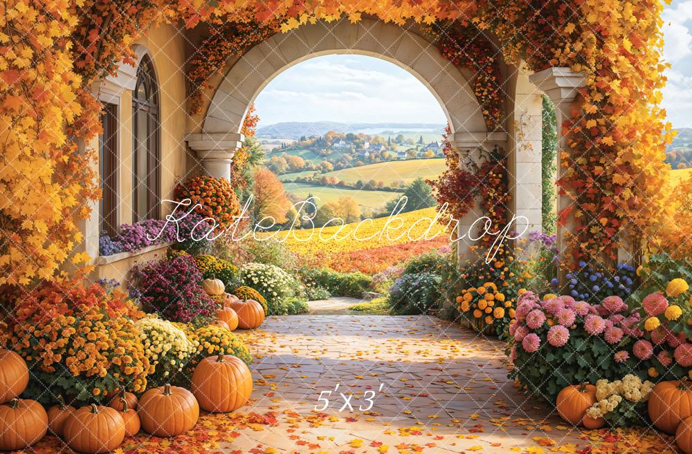 Kate Automne Fleur Citrouille Rétro Arche Champ Toile de fond conçue par Emetselch - Kate Backdrop FR