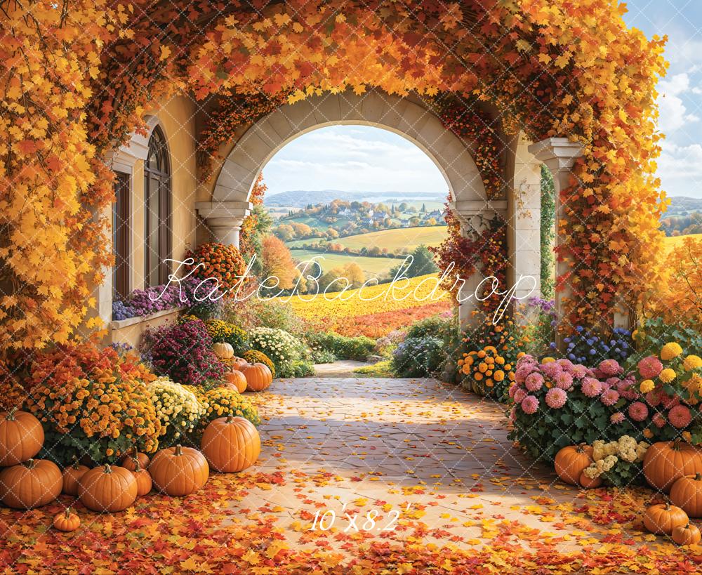 Kate Automne Fleur Citrouille Rétro Arche Champ Toile de fond conçue par Emetselch - Kate Backdrop FR