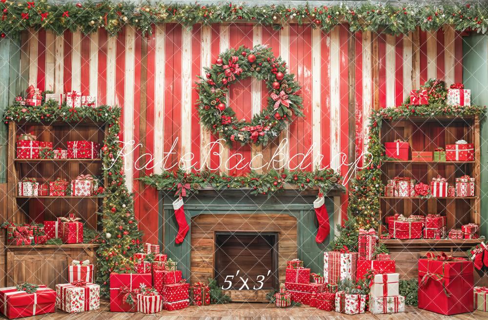 Kate Noël Cheminée Rouge Mur en bois Cadeaux Toile de fond conçue par Emetselch - Kate Backdrop FR