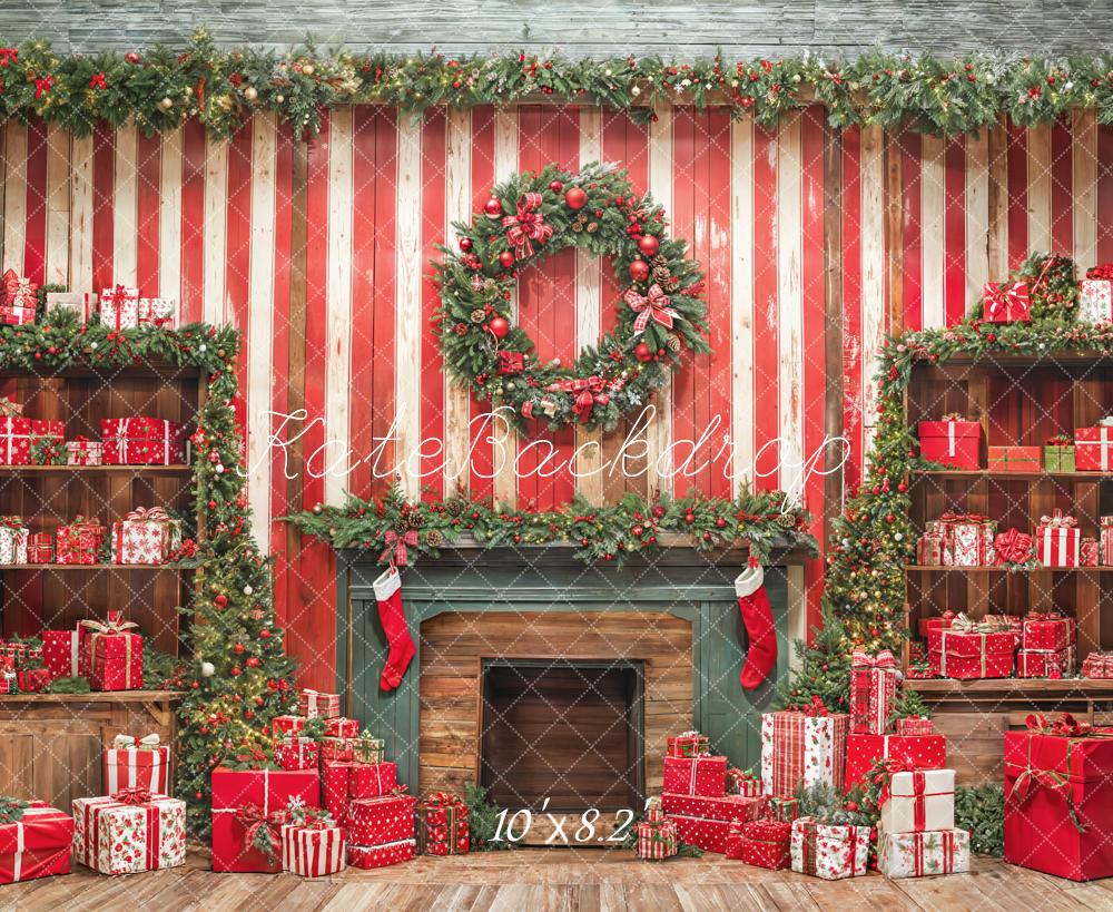 Kate Noël Cheminée Rouge Mur en bois Cadeaux Toile de fond conçue par Emetselch - Kate Backdrop FR