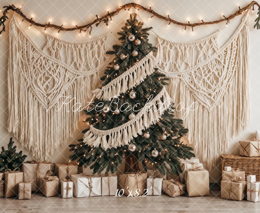 Kate Sapin de Noël Bohème Macramé Cadeaux Toile de fond conçu par Ashley Paul - Kate Backdrop FR