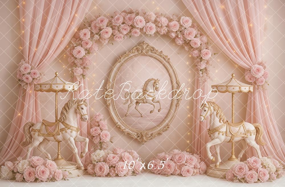 Kate Anniversaire Carrousel Rêves Rose Fleurs Toile de fond conçu par Ashley Paul - Kate Backdrop FR