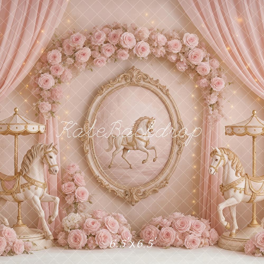Kate Anniversaire Carrousel Rêves Rose Fleurs Toile de fond conçu par Ashley Paul - Kate Backdrop FR