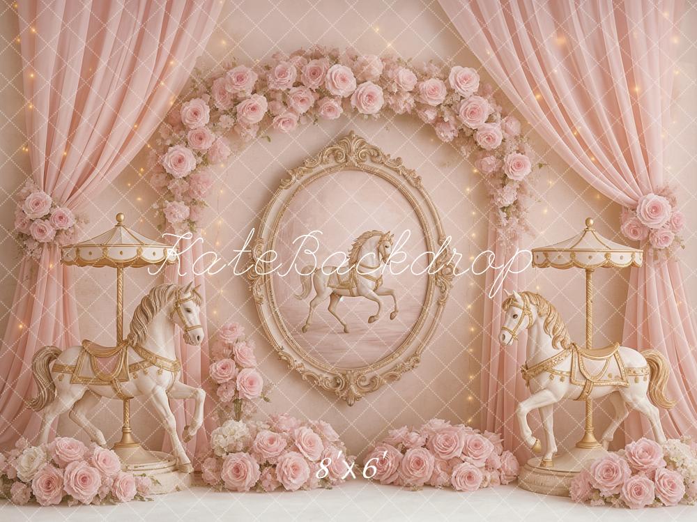 Kate Anniversaire Carrousel Rêves Rose Fleurs Toile de fond conçu par Ashley Paul - Kate Backdrop FR