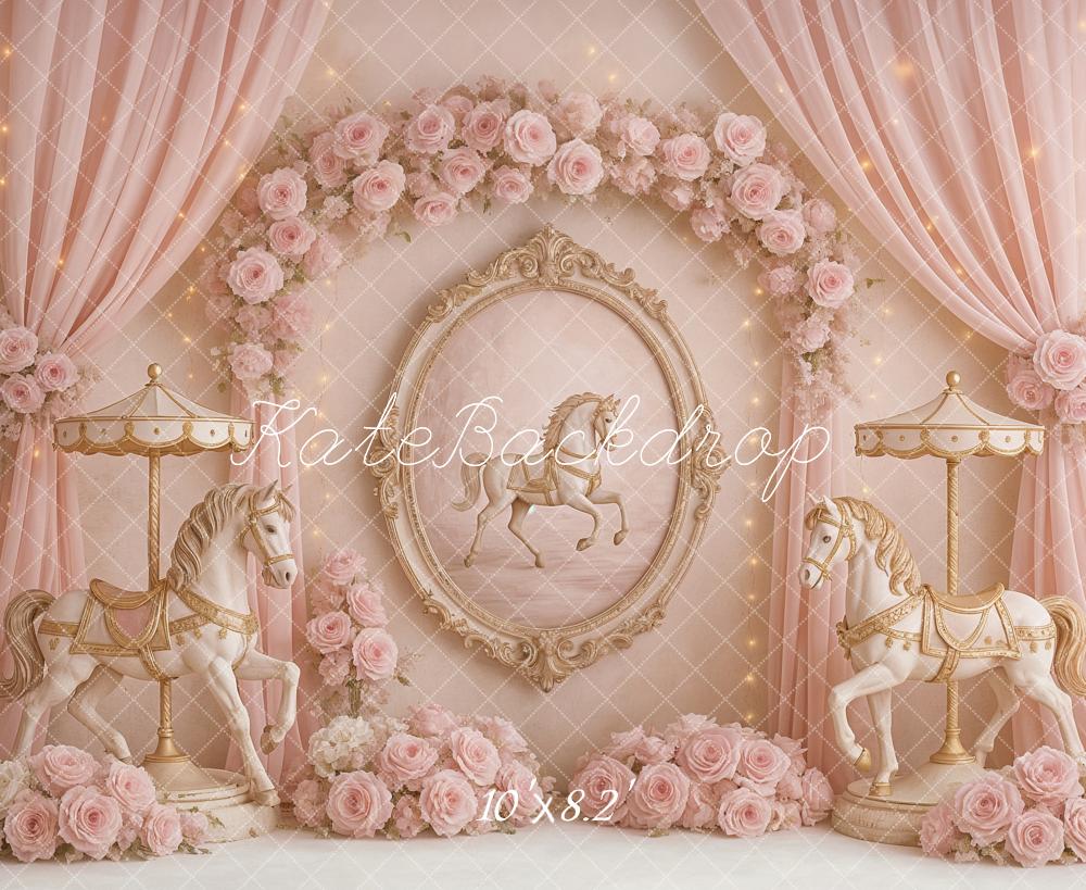 Kate Anniversaire Carrousel Rêves Rose Fleurs Toile de fond conçu par Ashley Paul - Kate Backdrop FR