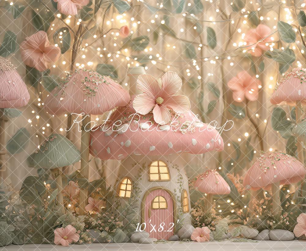 Kate Maison Champignon Rose Fée Fleur Toile de fond conçu par Ashley Paul - Kate Backdrop FR