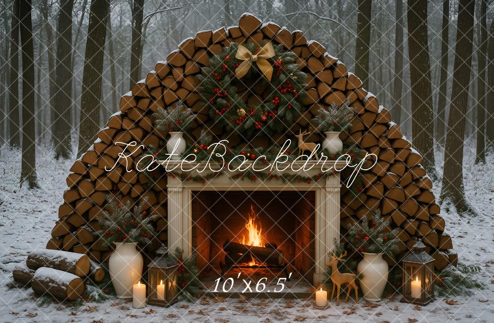 Kate Noël Hiver Extérieur Cheminée Forêt Toile de fond conçu par Ashley Paul - Kate Backdrop FR