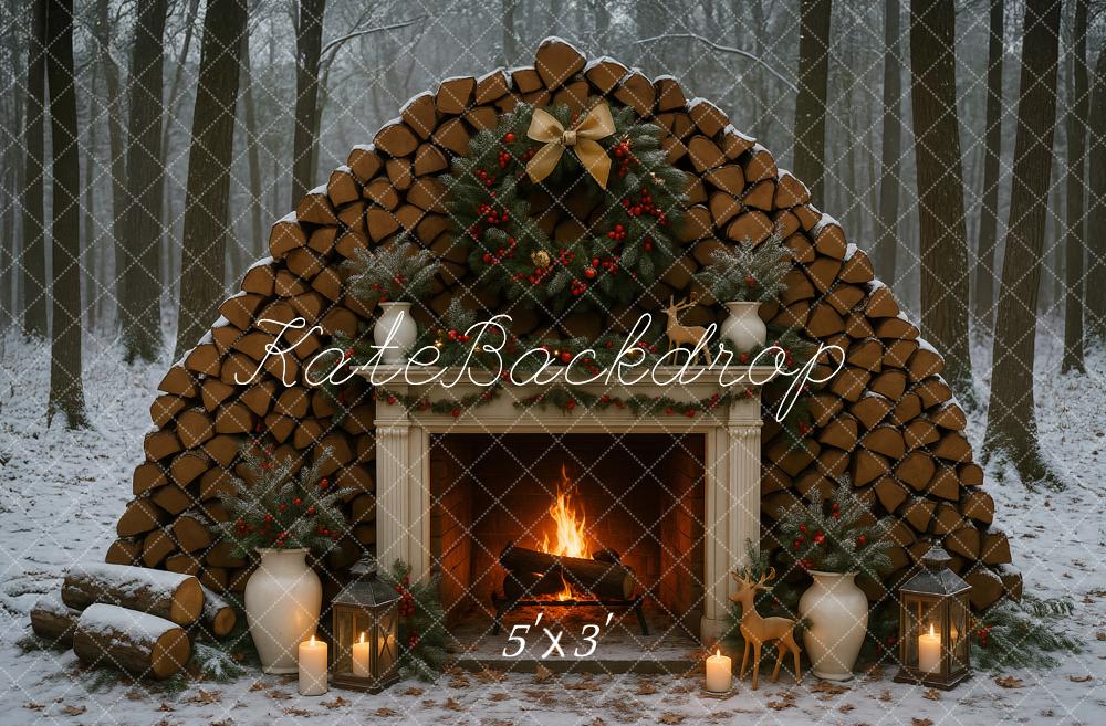 Kate Noël Hiver Extérieur Cheminée Forêt Toile de fond conçu par Ashley Paul - Kate Backdrop FR