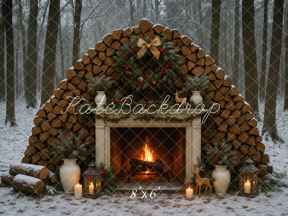 Kate Noël Hiver Extérieur Cheminée Forêt Toile de fond conçu par Ashley Paul - Kate Backdrop FR