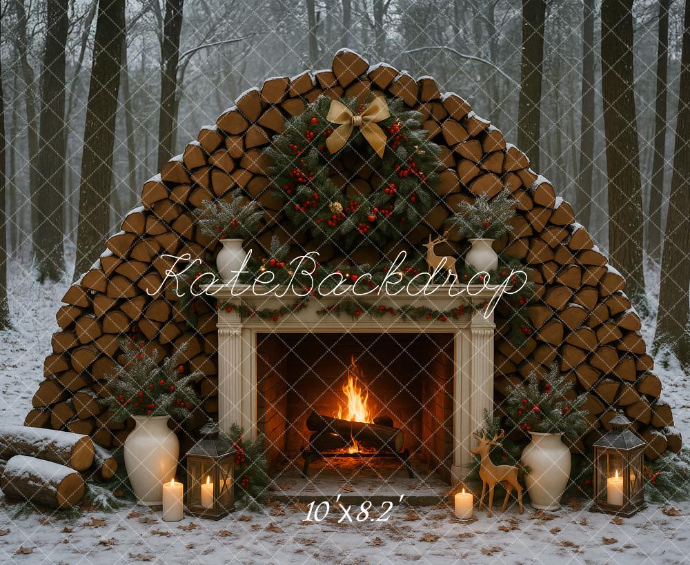 Kate Noël Hiver Extérieur Cheminée Forêt Toile de fond conçu par Ashley Paul - Kate Backdrop FR