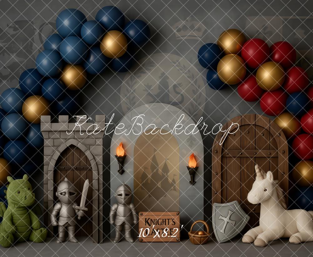 Kate Anniversaire Chevalier Château Ballon Toile de fond conçue par Patty Roberts - Kate Backdrop FR