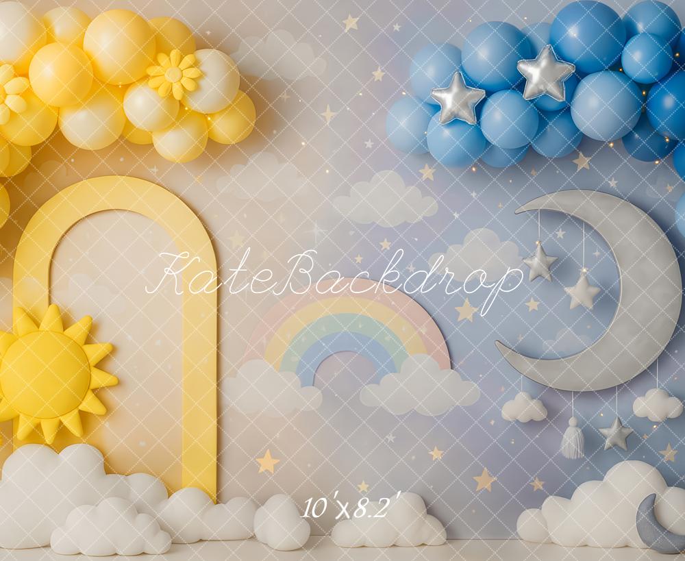 Kate Soleil Lune Arc-en-ciel Ballon Nuages Toile de fond conçue par Patty Roberts - Kate Backdrop FR