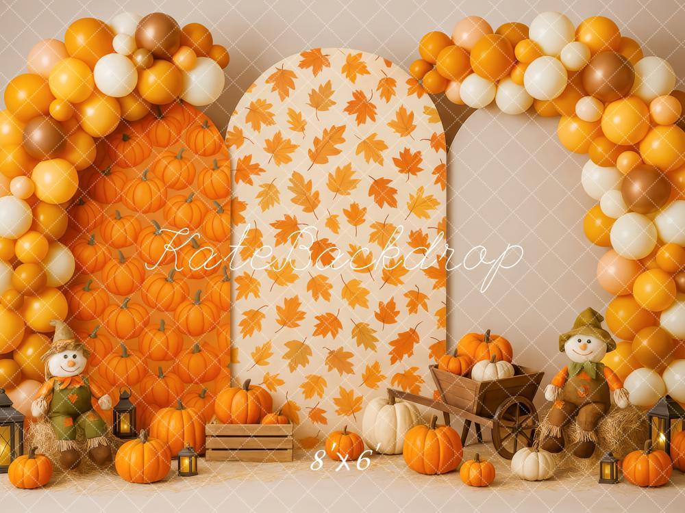 Kate Automne Citrouille Épouvantail Ballons Toile de fond conçue par Patty Roberts - Kate Backdrop FR