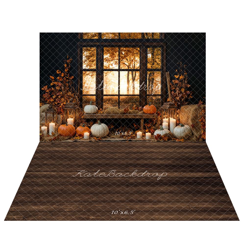 Kate Automne Citrouille Bougie Fenêtre Toile de fond+Brun foncé Parquet Sol Toile de fond - Kate Backdrop FR