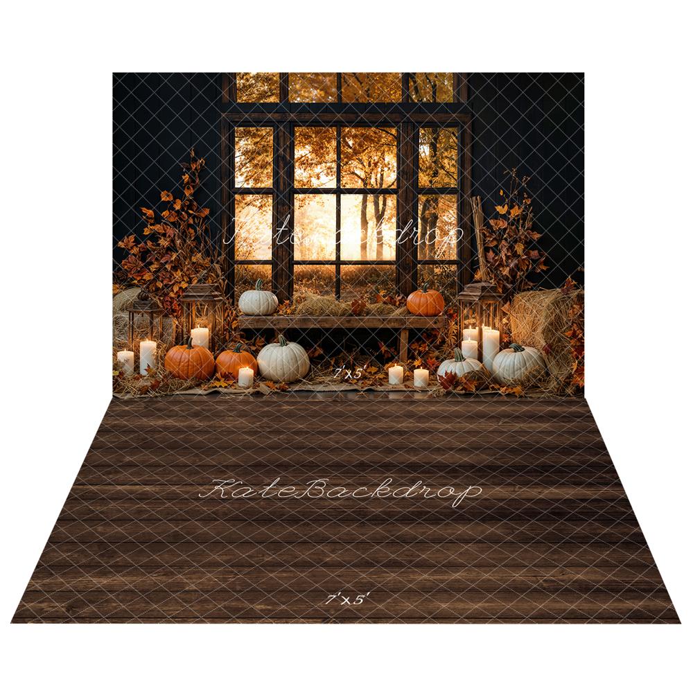 Kate Automne Citrouille Bougie Fenêtre Toile de fond+Brun foncé Parquet Sol Toile de fond - Kate Backdrop FR