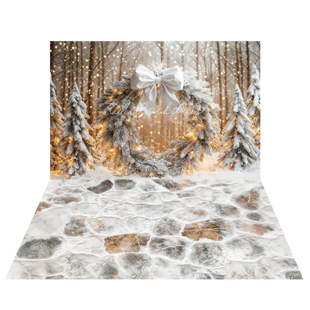Kate Noël Neige Forêt Lumières Toile de fond+Hiver Pavés Neige Sol Toile de fond - Kate Backdrop FR
