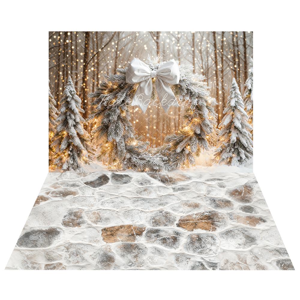 Kate Noël Neige Forêt Lumières Toile de fond+Hiver Pavés Neige Sol Toile de fond - Kate Backdrop FR