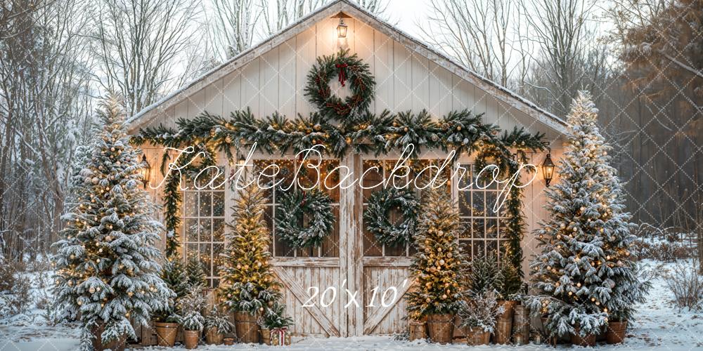 Kate Noël Chalet Rustique Neige Sapins Toile de fond conçue par Emetselch - Kate Backdrop FR
