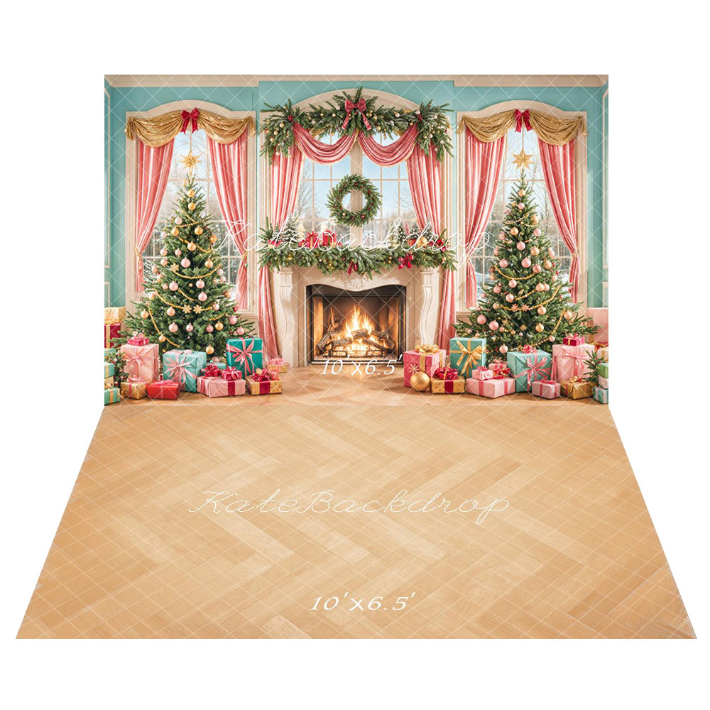 Kate Sapin de Noël Cheminée Fenêtre Toile de fond+Bois Chevron Parquet Sol Toile de fond - Kate Backdrop FR
