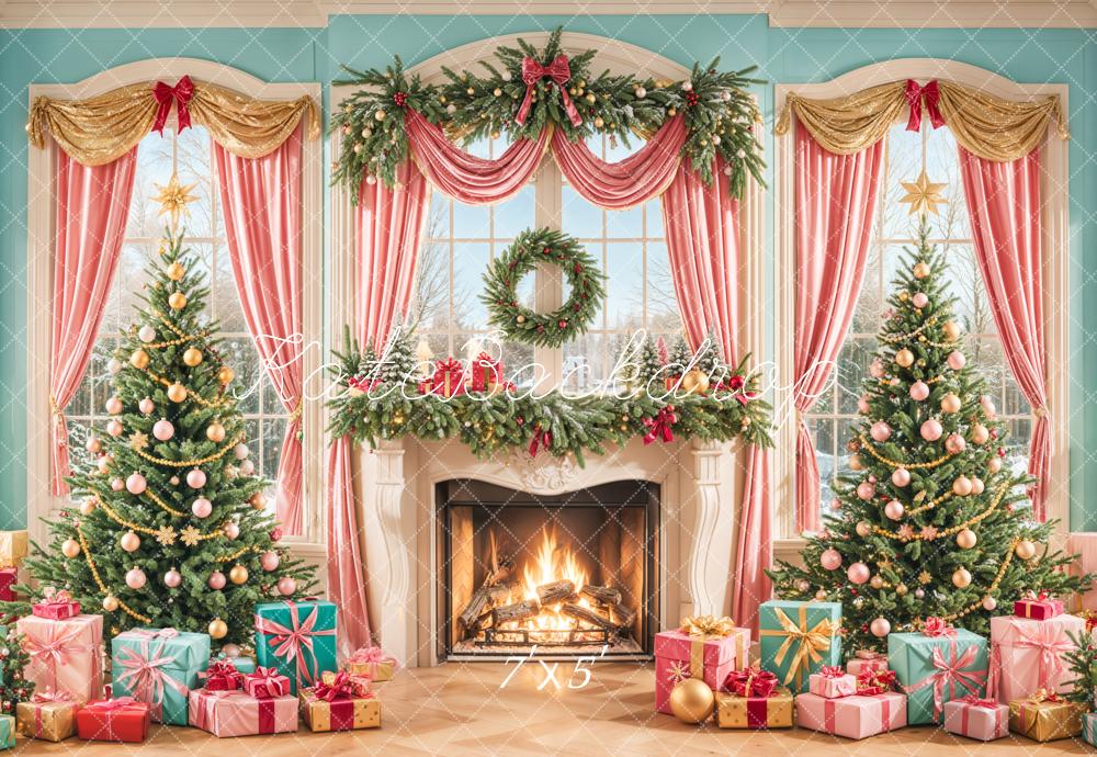 Kate Sapin de Noël Cheminée Fenêtre Rideaux Toile de fond conçue par Emetselch - Kate Backdrop FR