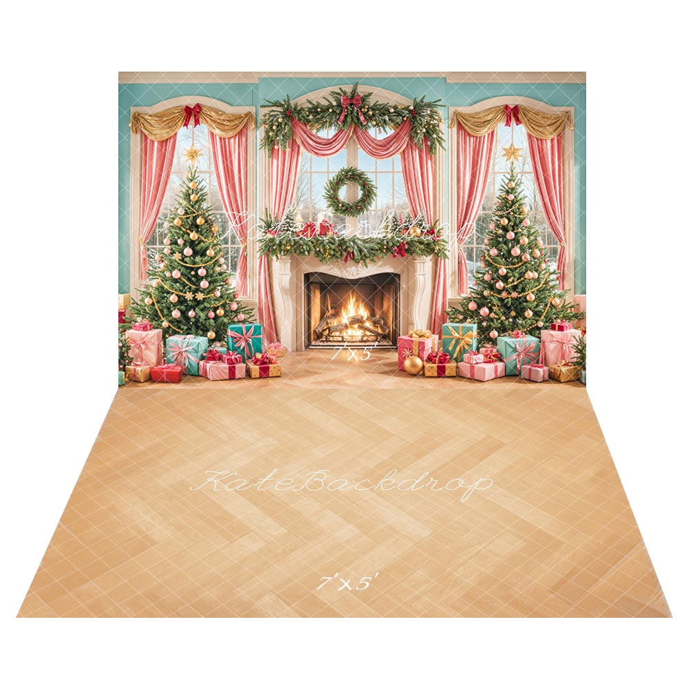 Kate Sapin de Noël Cheminée Fenêtre Toile de fond+Bois Chevron Parquet Sol Toile de fond - Kate Backdrop FR