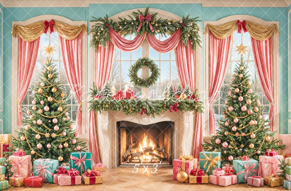 Kate Sapin de Noël Cheminée Fenêtre Rideaux Toile de fond conçue par Emetselch - Kate Backdrop FR