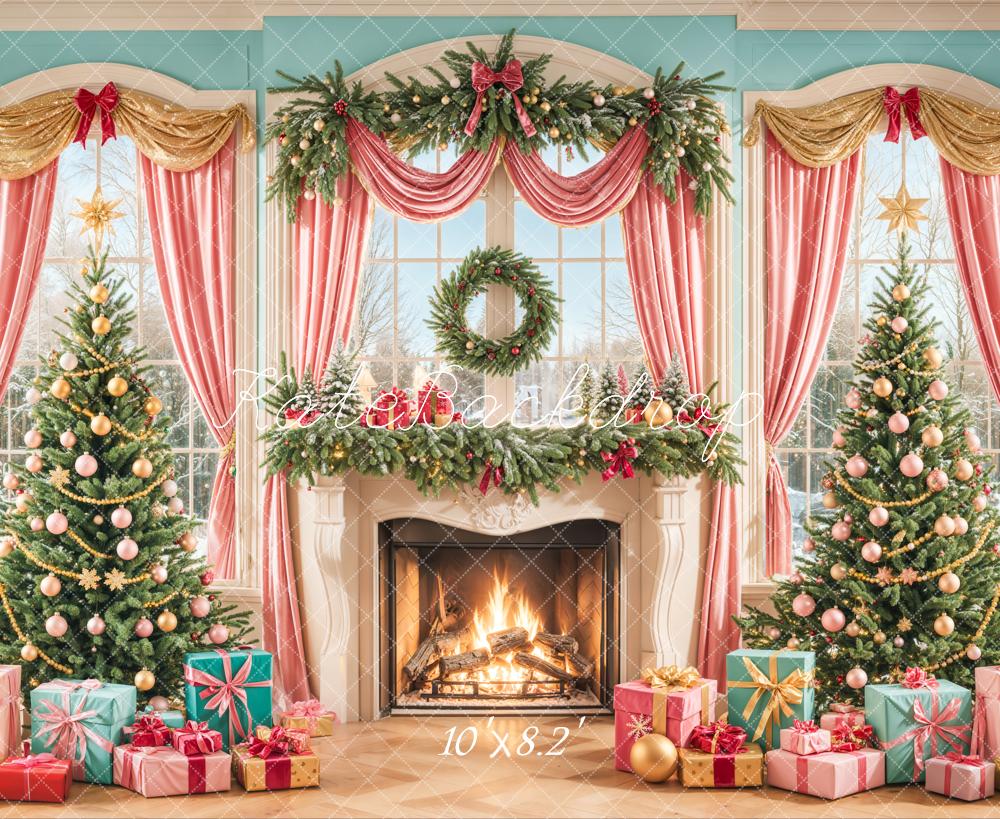 Kate Sapin de Noël Cheminée Fenêtre Rideaux Toile de fond conçue par Emetselch - Kate Backdrop FR